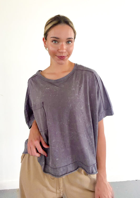 Black Mineral Washed Oversized Crop Comfy Knit Top