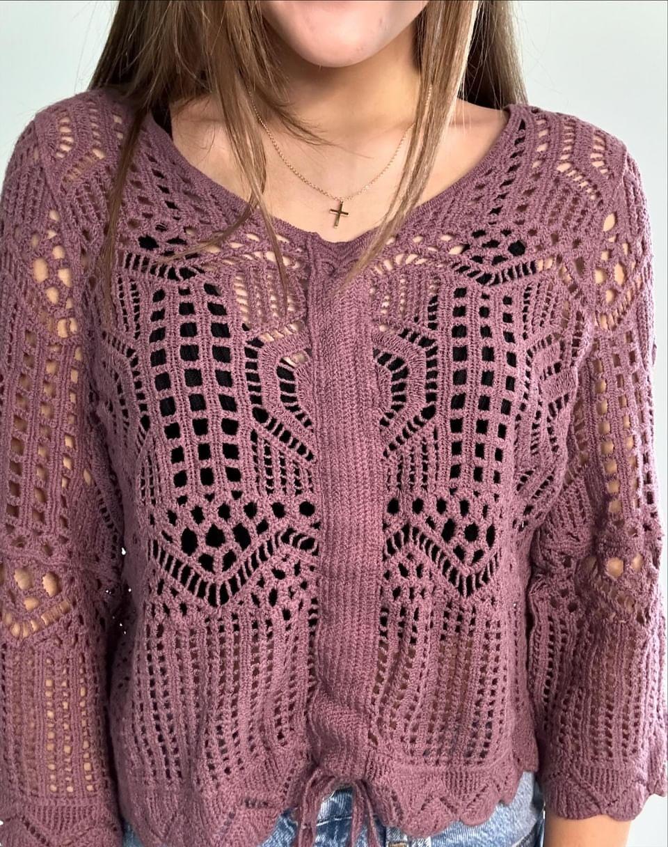 Purple Front Drawstring Crochet Top