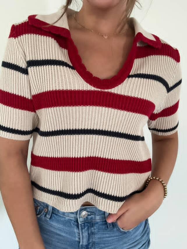 Striped Collared Short Sleeve Cropped Sweater