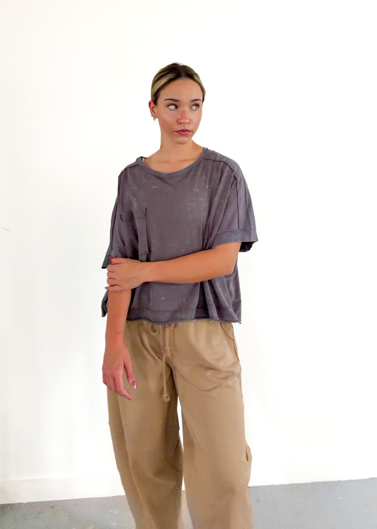 Taupe Braid Waist Strip Barrel Pants