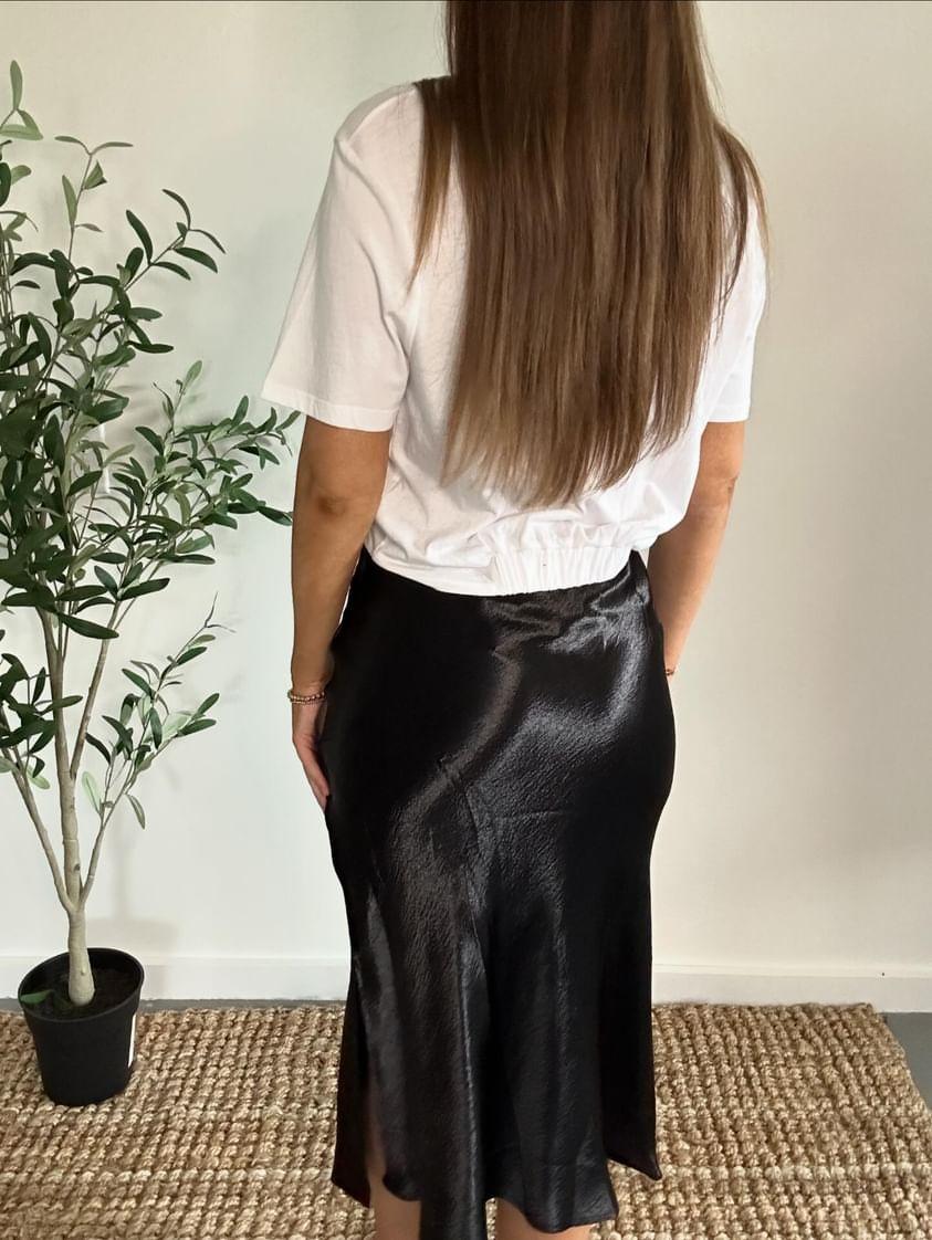 Flowy Satin Skirt with Side Slit Detail