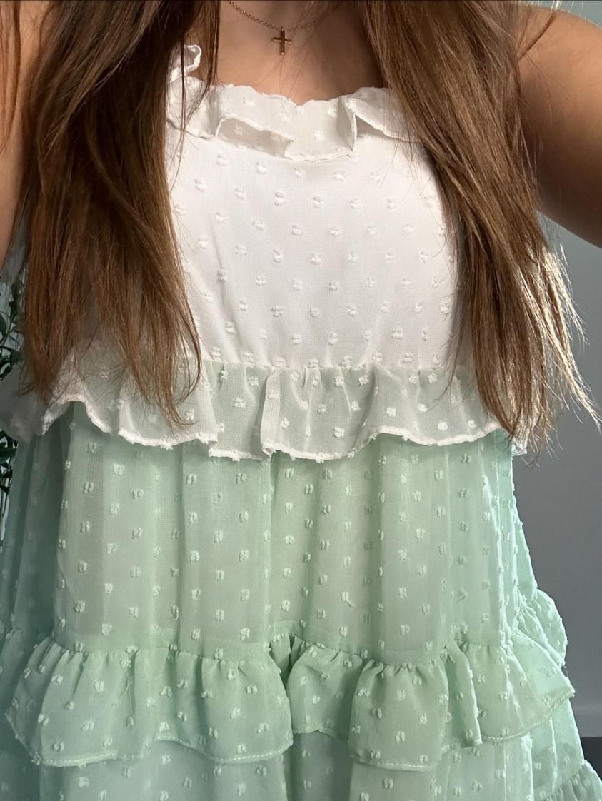 Sage Swiss Dot Ombre Tiered Ruffle Mini Dress Medium Sage Swiss Dot Ombre Tiered Ruffle Mini Dress Medium