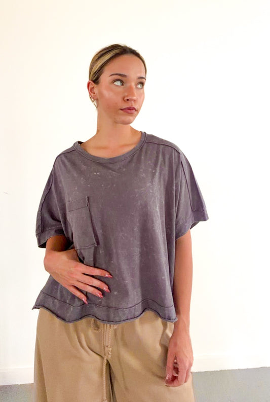 Black Mineral Washed Oversized Crop Comfy Knit Top