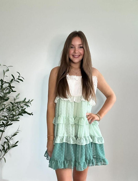 Sage Swiss Dot Ombre Tiered Ruffle Mini Dress