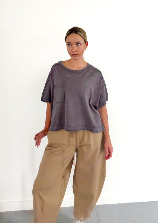 Taupe Braid Waist Strip Barrel Pants