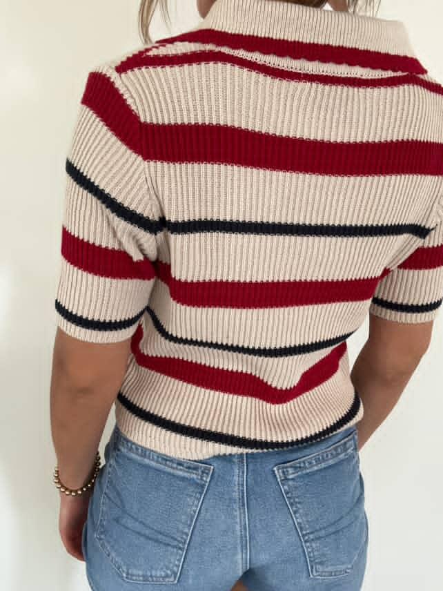 Striped Collared Short Sleeve Cropped Sweater