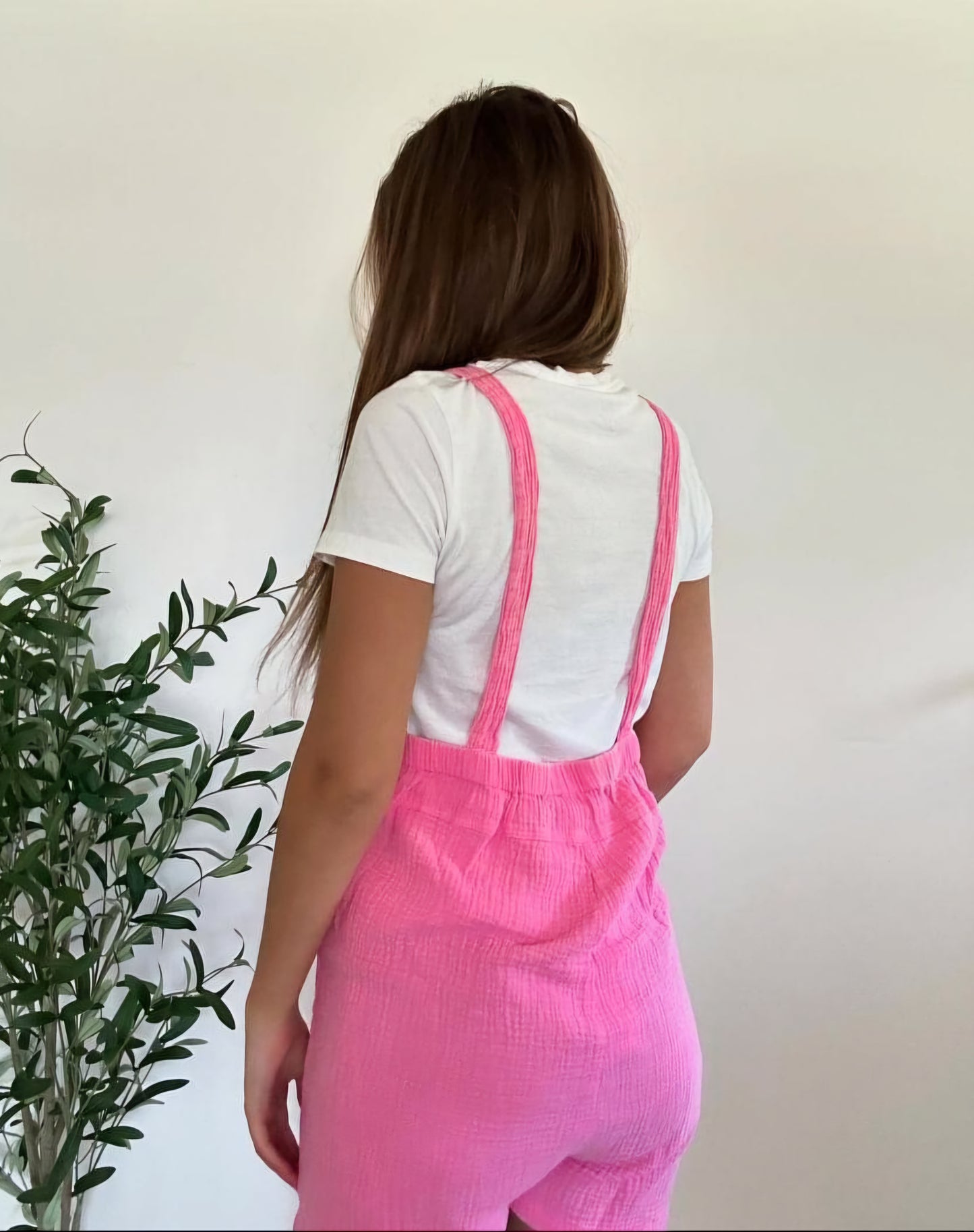 Pink Sleeveless Double Gauze Overall Romper w/ Pockets