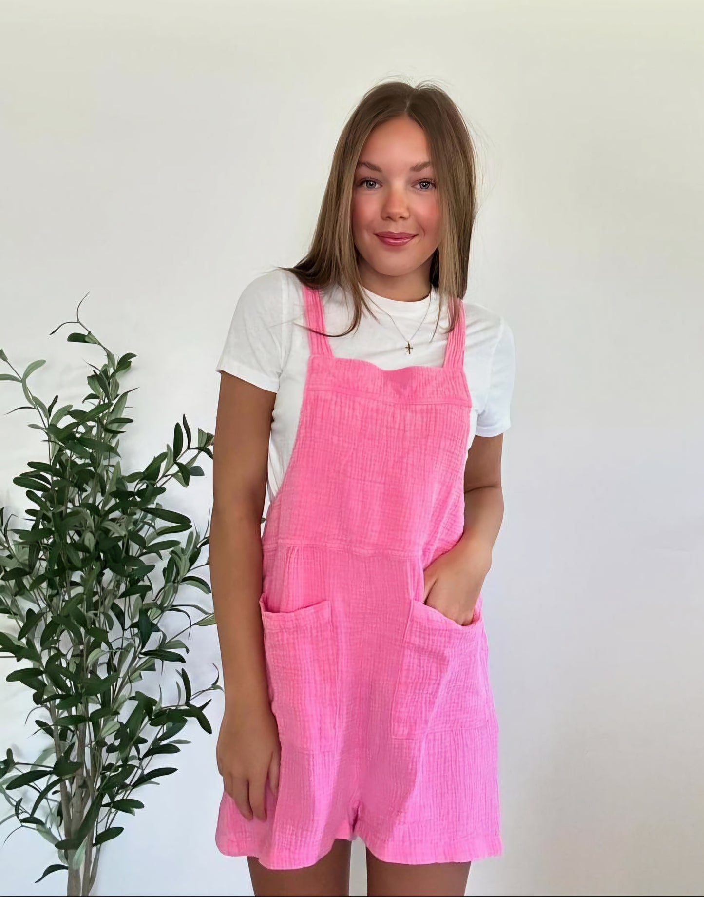 Pink Sleeveless Double Gauze Overall Romper w/ Pockets