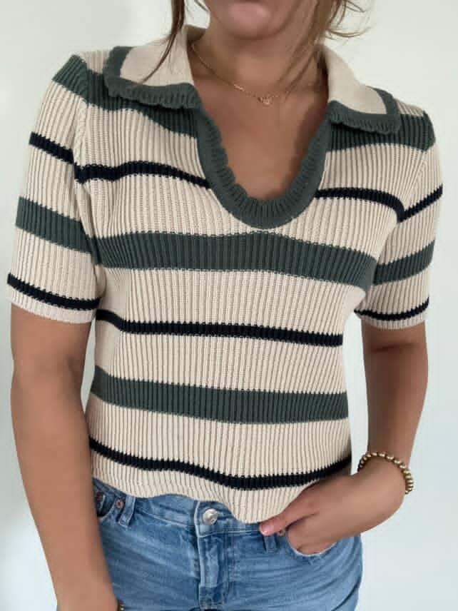 Striped Collared Short Sleeve Cropped Sweater