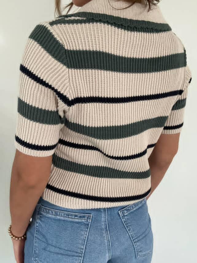Striped Collared Short Sleeve Cropped Sweater