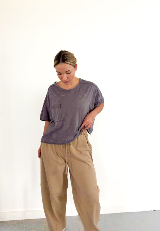 Taupe Braid Waist Strip Barrel Pants