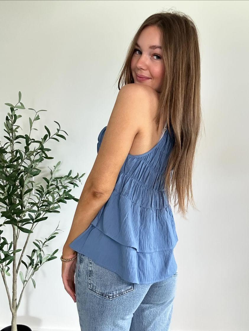 Denim Blue Halter Neck Smocked Layered Hem Tank Top