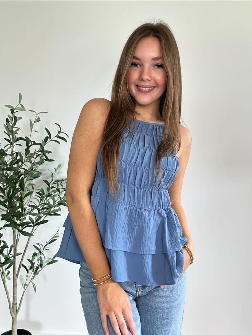 Denim Blue Halter Neck Smocked Layered Hem Tank Top