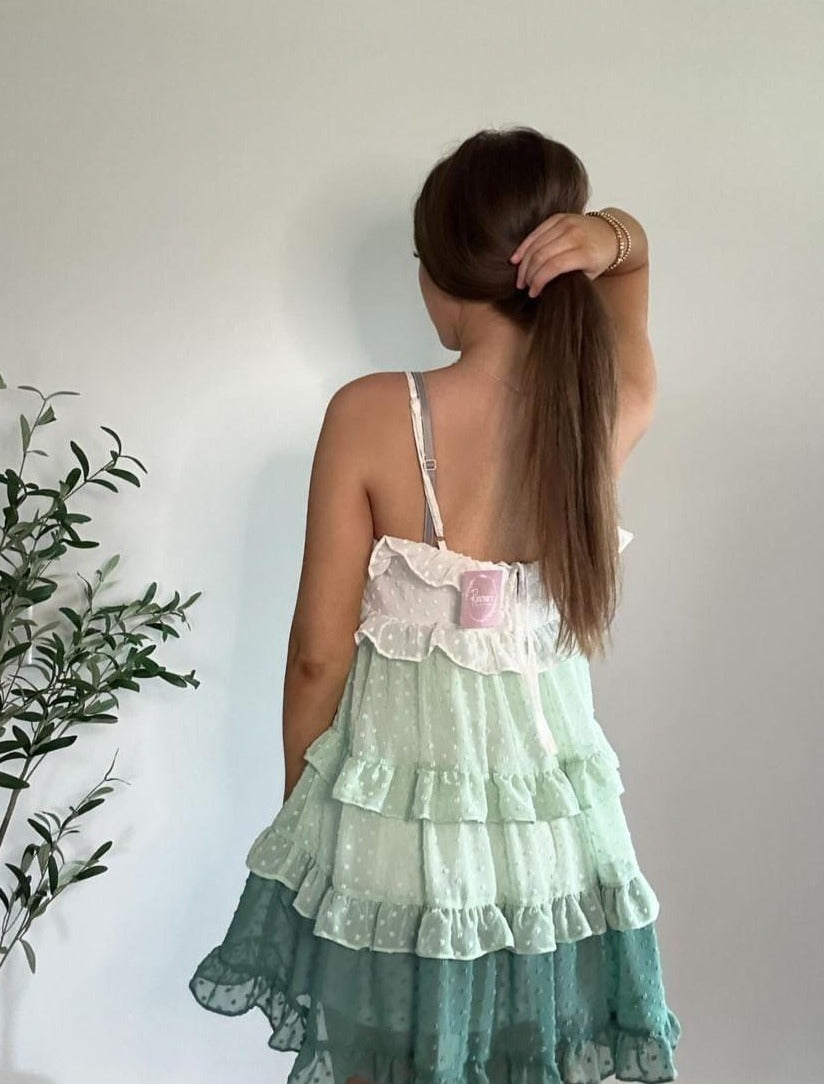 Sage Swiss Dot Ombre Tiered Ruffle Mini Dress Small Sage Swiss Dot Ombre Tiered Ruffle Mini Dress Small