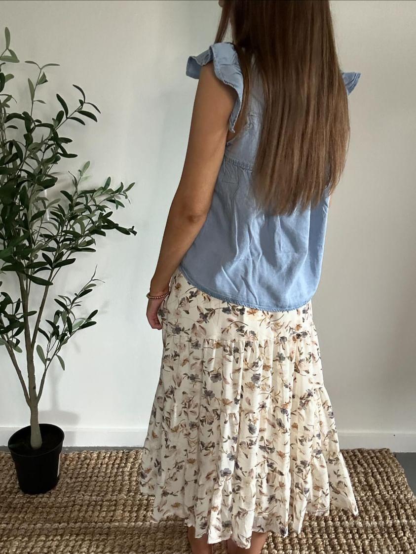 Ivory Floral Tiered Chiffon Skirt