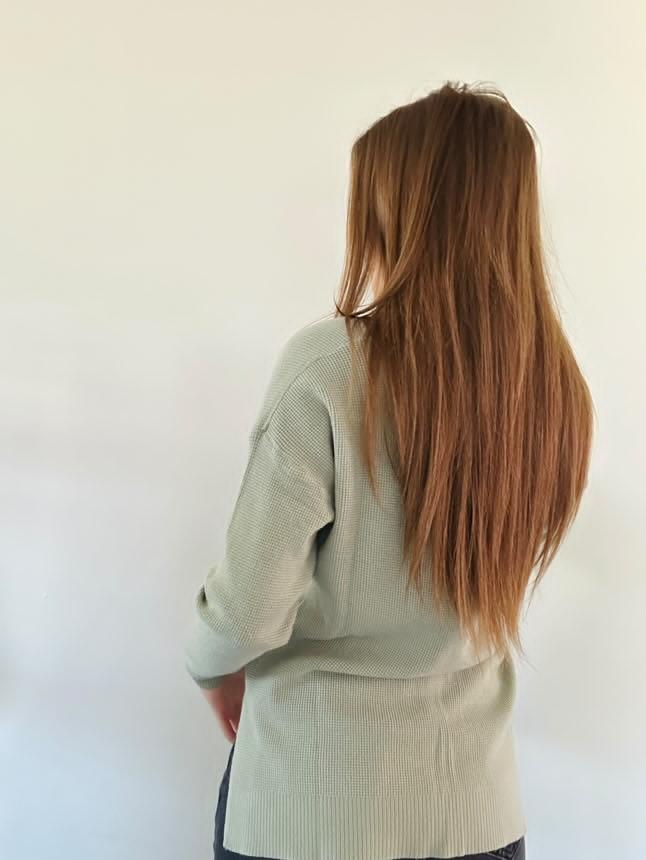 Dusty Sage Soft Waffle V-Neck Sweater with Side Slits