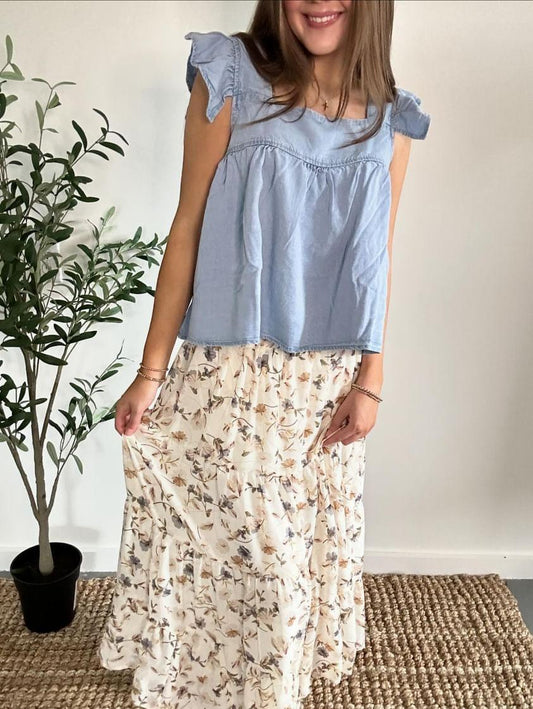 Ivory Floral Tiered Chiffon Skirt