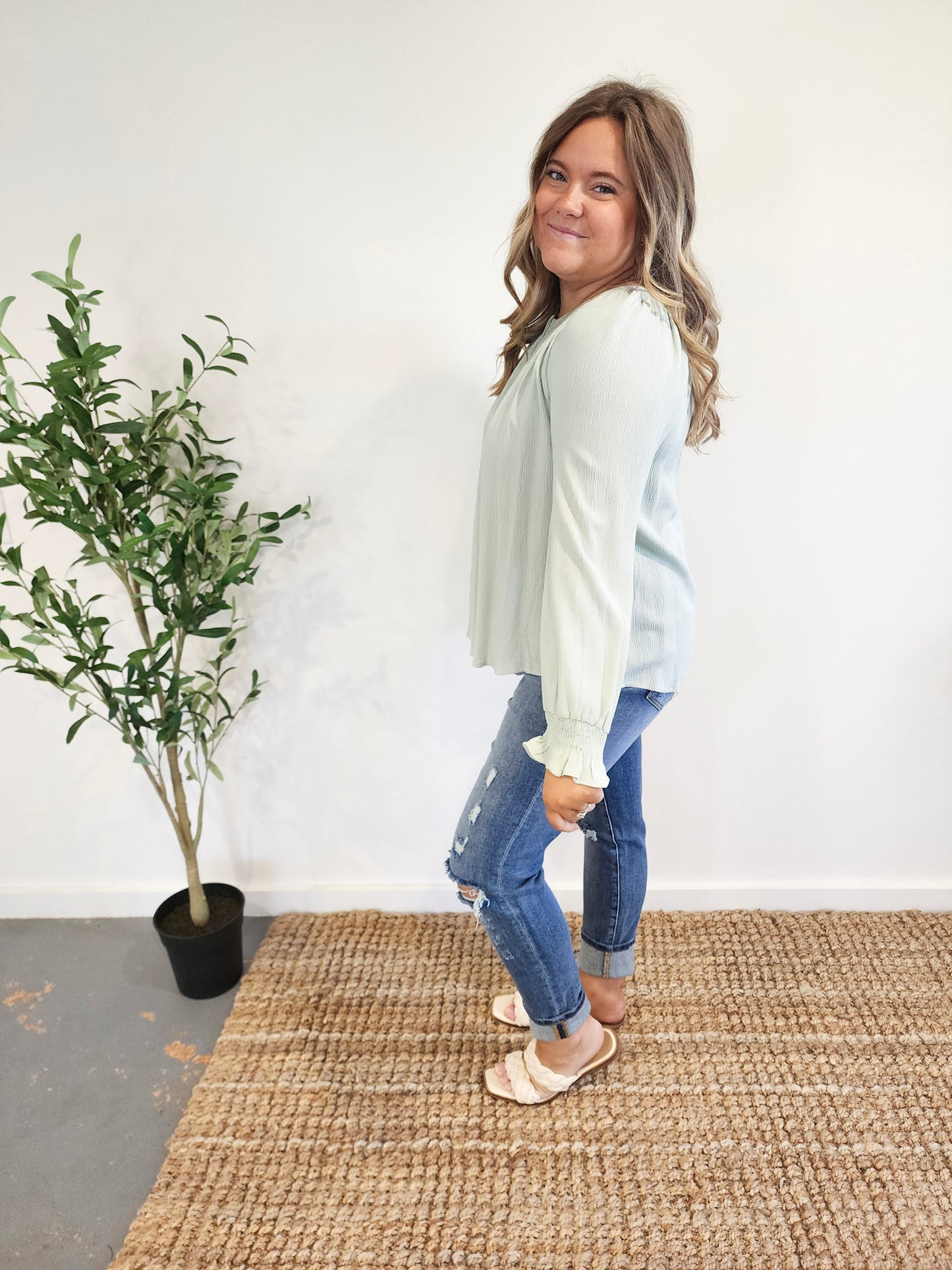 Sage Crinkle Button Down Long Sleeve Top