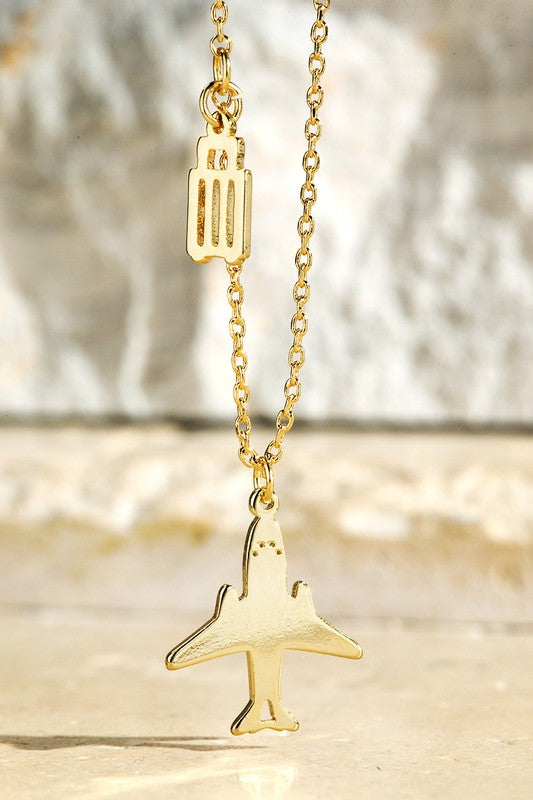 Gold Brass Airplane and Luggage Charm Necklace