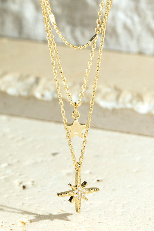 Gold Brass Starburst Layered Pendant Necklace