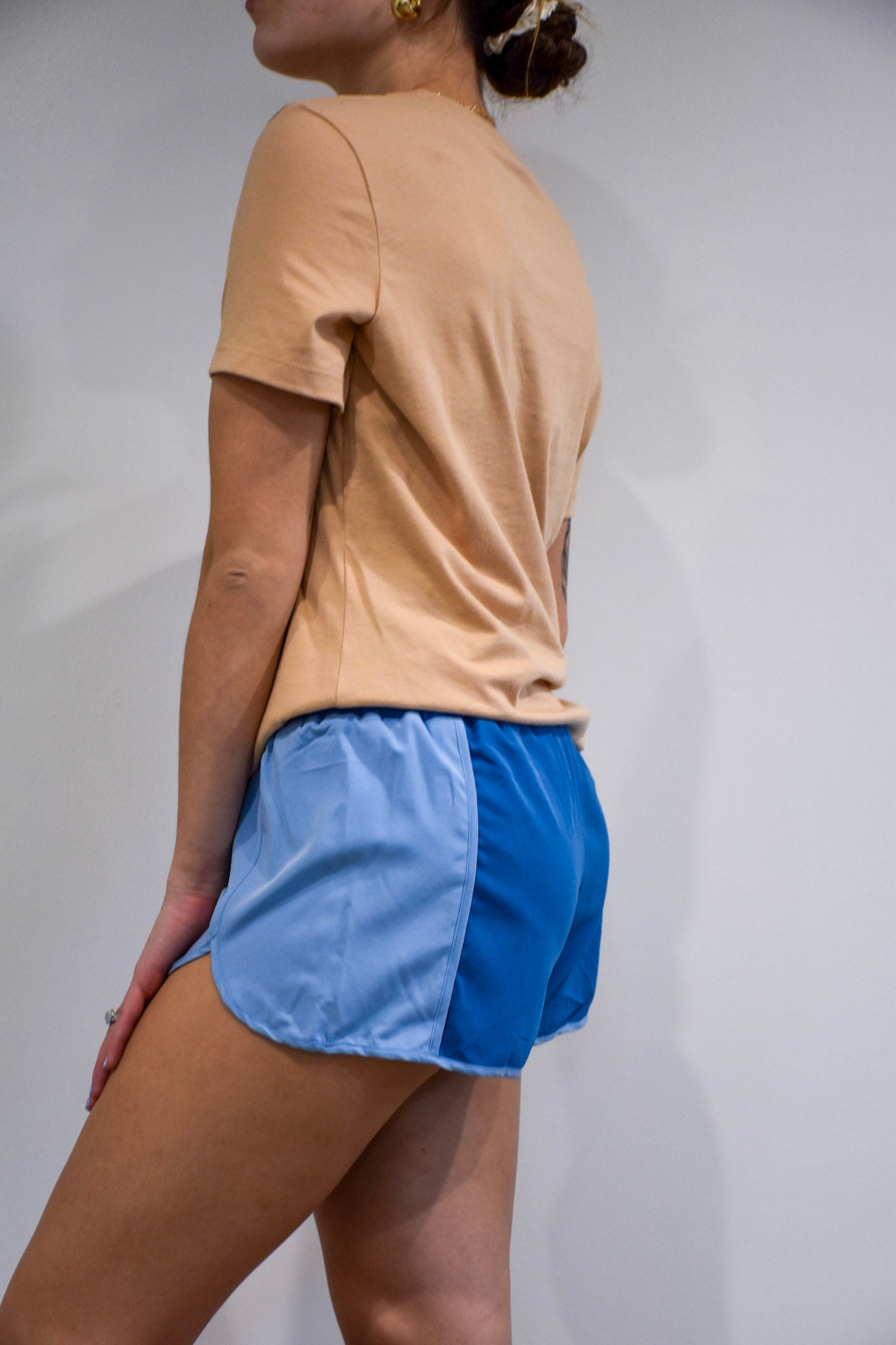 Side view of the Color Blocked Active Wear Shorts in sky