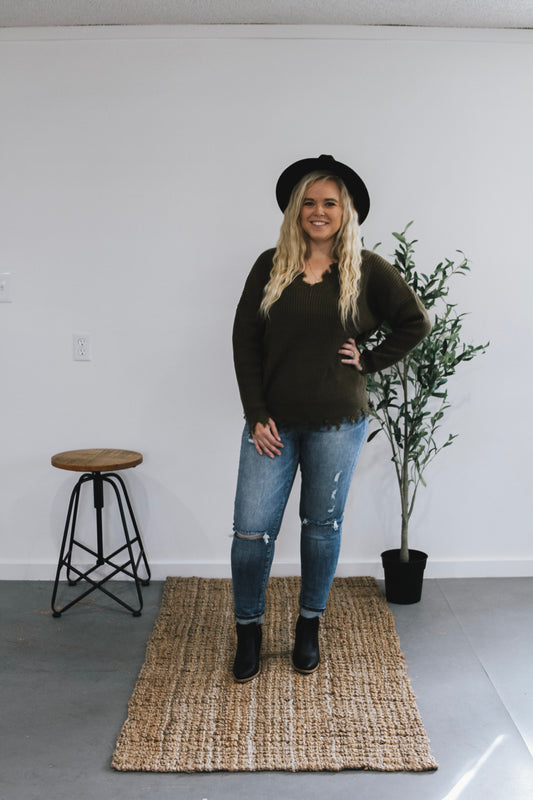 Dusty Olive Distressed Sweater