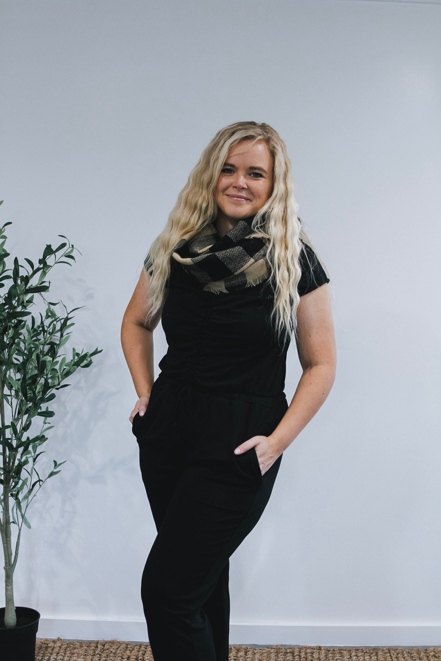 Taupe Black Woven Buffalo Checkered Infinity Scarf