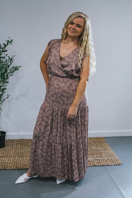 Mauve Ruffle Sleeve Midi Dress