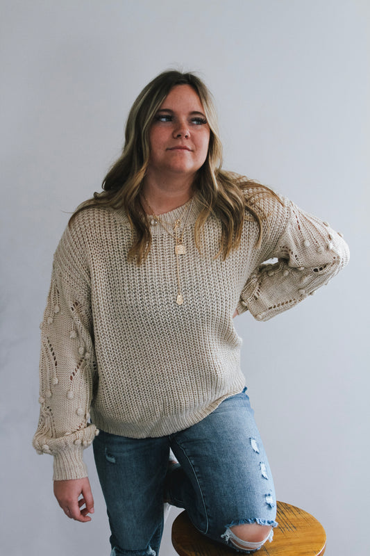 Cream Knit Sweater with Pom Sleeves