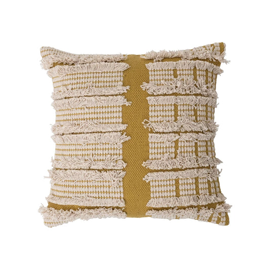 18" Woven Cotton Dhurrie Pillow with Fringe